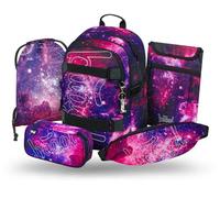 Baagl Schulrucksack Set Mädchen 5 Teilig, Skateboard Rucksack, Schultasche ab 3. Klasse, Grundschule Ranzen mit Brustgurt, Ergonomischer Schulranzen, 25 l (Galaxy)