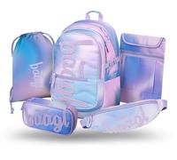 Baagl Schulrucksack Set Mädchen 5 Teilig Schultasche Grundschule - Sky | Ergonomische Volksschule Ranzen mit Brustgurt und 25 l bietet ein Etui, Turnbeutel sowie Bauchtasche für Kinder ab 3. Klasse.