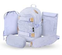 Baagl Schulrucksack Set Mädchen 5 Teilig, Skateboard Rucksack, Schultasche ab 3. Klasse, Grundschule Ranzen mit Brustgurt, Ergonomischer Schulranzen, 25 l (Lilac)