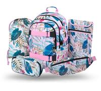 Baagl Schulrucksack Set Mädchen 5 Teilig, Skateboard Rucksack, Schultasche ab 3. Klasse, Grundschule Ranzen mit Brustgurt, Ergonomischer Schulranzen, 25 l (Leafs)