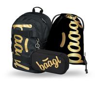 Baagl Schulrucksack Set Mädchen Jungen 3 Teilig, Schultasche ab 3. Klasse, Grundschule Ranzen mit Brustgurt, Ergonomischer Schulranzen (Skate Gold)