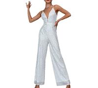 babao Damen Glitzer Pailletten Jumpsuits Weiß Sparkling Bodycon Strampler Clubwear Metallic Shiny Sling Playsuit Größe XL