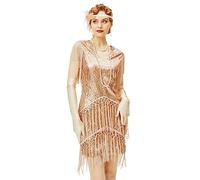 BABEYOND 1920er Flapper-Kleid mit Langen Fransen, Gatsby, brüllende 20er-Jahre-Pailletten, Perlen, Vintage, Art-Deco, Roségold, Mittel