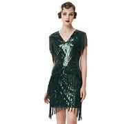BABEYOND 1920er Flapper-Kleid mit langen Fransen, Gatsby, brüllende 20er-Jahre-Pailletten, Perlen, Vintage, Art-Deco, Dunkelgrün, X-Klein