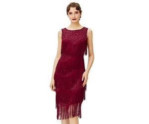 BABEYOND 1920er Jahre Flapper-Kleid, Gatsby-Fransenkleid, Die goldenen 20er, Weinrot, Mittel