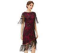 BABEYOND 1920er Jahre Flapper Kleid Great Gatsby Fransen Pailletten Kleid für Abschlussball Party, Schwarz und Weinrot, Groß