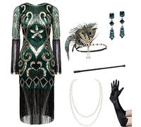 BABEYOND 1920er Jahre Flapper Kleid Lange Fransen Gatsby Kleid Roaring 20er Jahre Pailletten Perlen Kleid Vintage Art Deco Kleid, Set - Dunkelgrün, Groß