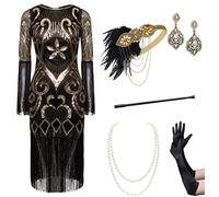 BABEYOND 1920er Jahre Flapper Kleid Set Lange Fransen Gatsby Kleid Brüllend 20er Jahre Pailletten Perlen Kleid Vintage Art Deco Kleid, Set: Schwarz, Klein