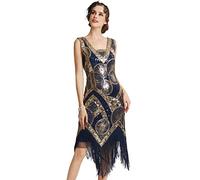 BABEYOND 1920er Jahre Flapper-Paillettenkleid V-Ausschnitt Gatsby Kleid brüllend 20er Jahre Pailletten Perlen Kleid Vintage Art Deco Kleid - Blau - X-Groß