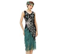 BABEYOND 1920er Jahre Vintage Pfau Pailletten Kleid Gatsby Fransen Flapper Kleid brüllend 20er Jahre Party Kleid, Schwarz mit grünen Fransen, Mittel