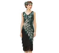 BABEYOND 1920er Jahre Vintage Pfau Pailletten Kleid Gatsby Fransen Flapper Kleid brüllend 20er Jahre Party Kleid, Dunkelgrün mit schwarzen Fransen, X-Klein
