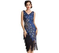 BABEYOND 1920er Jahre Vintage Pfau Pailletten Kleid Gatsby Fransen Flapper Kleid brüllend 20er Jahre Party Kleid, Blau mit schwarzen Fransen, Mittel
