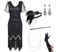 BABEYOND 1920s Flapper Kleid Mit Kurzem Ärmel - Gatsby Motto Party Damen Kostüm Set (Schwarz, L)