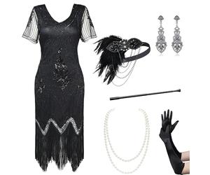 BABEYOND 1920s Flapper Kleid Mit Kurzem Ärmel - Gatsby Motto Party Damen Kostüm Set (Schwarz, M)