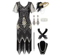 BABEYOND 1920s Flapperkleid Damen mit Kurzem Ärmel - Gatsby Motto Party Kostüm Set (SchwarzGold,S)