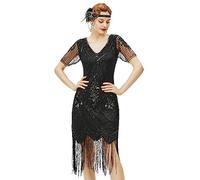 BABEYOND 1920s Kleid Damen Flapper Kleid mit Kurzem Ärmel Gatsby Motto Party Damen Kostüm Kleid (Schwarz, L)