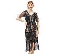 BABEYOND 1920s Kleid Damen Flapper Kleid mit Kurzem Ärmel Gatsby Motto Party Damen Kostüm Kleid (SchwarzGold, M)