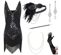 BABEYOND 1920s Kleid Damen Sexy V Ausschnitt Flapper Charleston 20er Jahre Retro Stil Great Gatsby Motto Party Damen Fasching Kostüm Kleid Set-Schwarz
