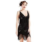 BABEYOND Damen 1920er Jahre Flapper Kleid V Ausschnitt Slip Dress Roaring 20s Great Gatsby Kleid für Party, schwarz, Klein