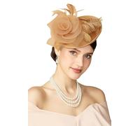 BABEYOND Damen Fascinator Hut mit Federn und Mesh-Blumen Pillbox Hüte, Elegante Kopfbedeckung mit Haarclip für Hochzeiten, Damen Race Day, Cocktail Party Champagnergold
