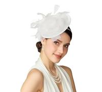 BABEYOND Damen Fascinator Hut mit Federn und Mesh-Blumen Pillbox Hüte, Elegante Kopfbedeckung mit Haarclip für Hochzeiten, Damen Race Day, Cocktail Party Weiß