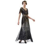 BABEYOND Damen Flapper Kleid 1920er Jahre V-Ausschnitt Abendkleid Pailletten Perlen Maxikleid für Hochzeit, Schwarz Gold, Mittel