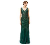 BABEYOND Damen Flapper Kleid 1920er Jahre V-Ausschnitt Abendkleid Pailletten Perlen Maxikleid für Hochzeit, Grün-Gold, X-Groß
