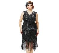 BABEYOND Damen Flapper-Kleid, Übergröße, 1920er-Jahre, V-Ausschnitt, Perlen, Fransen, Great Gatsby Kleid, Glam Black, XXXXXL