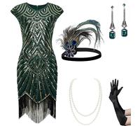 BABEYOND Damen Flapper Kleider 1920er Jahre Perlen Fransen Great Gatsby Kleid, Set - Dunkelgrün, Large