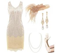 BABEYOND Damen Flapper Kleider 1920er Jahre V-Ausschnitt Perlen Fransen Great Gatsby Kleid, Set - Beige, S