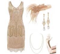 BABEYOND Damen Flapper Kleider 1920er Jahre V-Ausschnitt Perlen Fransen Great Gatsby Kleid, Set - Champagner-Gold, M