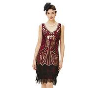 BABEYOND Damen Flapper Kleider der 1920er Jahre mit v-Ausschnitt perlen gesäumt Great Gatsby Kleid Gold & WeinRot X-Small