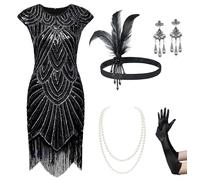BABEYOND Damen-Flapperkleid, 1920er-Jahre, mit Perlen besetzt, Fransen, Great-Gatsby-Kleid, Set - Schwarz, M