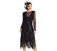 BABEYOND Damen Gatsby Kleid - Flapper Kleid 1920er Jahre Lange Ärmel Pailletten Perlen Kleid für Party Schwarz, Schwarz, Klein