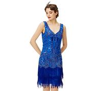 BABEYOND Damen Kleid Retro 1920er Stil Flapper Kleider mit Zwei Schichten Troddel V Ausschnitt Great Gatsby Motto Party Kleider Damen Kostüm Kleid (Blau, XXL)