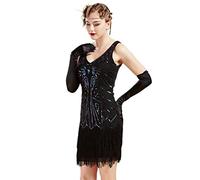 BABEYOND Damen Kleid Retro 1920er Stil Flapper Kleider mit Zwei Schichten Troddel V Ausschnitt Great Gatsby Motto Party Kleider Damen Kostüm Kleid (Bunt Schwarz, XXXL)