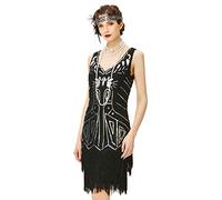 BABEYOND Damen Kleid Retro 1920er Stil Flapper Kleider mit Zwei Schichten Troddel V Ausschnitt Great Gatsby Motto Party Kleider Damen Kostüm Kleid (Schwarz, XXXL)