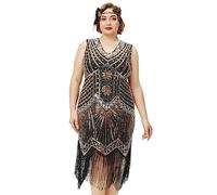 BABEYOND Damen Plus Size Flapper Kleider 1920er Jahre V Ausschnitt Perlen Fransen Great Gatsby Kleid, Gold, XX-Large