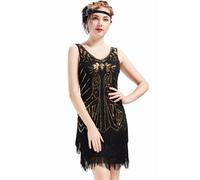 BABEYOND Damen Retro 1920er Stil Flapper Kleider mit Zwei Schichten Troddel V Ausschnitt Great Gatsby Motto Party Kostüm Kleider- Gr. S (Fits 74-84 cm Waist & 92-102 cm Hips), Gold Schwarz