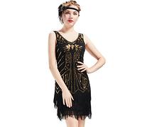 BABEYOND Damen Retro 1920er Stil Flapper Kleider mit Zwei Schichten Troddel V Ausschnitt Great Gatsby Motto Party Kostüm Kleider- Gr. L (Fits 82-92 cm Waist & 100-110 cm Hips), Gold Schwarz