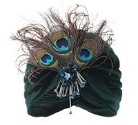 BABEYOND Damen Turban Hut mit abnehmbarer Kristall Brosche 1920s Retro Feder Turban Hut Gatsby Accessoires (Dunkelgrün)