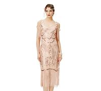 BABEYOND Flapper-Kleid für Damen, 1920er-Jahre, Vintage, langes Fransen-Kleid brüllende 20er-Jahre, Pailletten, Perlen-Kleid, Roségold, Klein