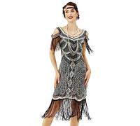 BABEYOND Flapper-Kleid für Damen, 1920er-Jahre, Vintage, langes Fransen-Kleid brüllende 20er-Jahre, Pailletten, Perlen-Kleid, Schwarz / silberfarben, Groß