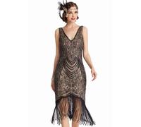 BABEYOND Flapper-Kleider im Stil der 1920er-Jahre, V-Ausschnitt, Perlen und Fransen, Great Gatsby Kleid, Schwarz Apricot, Groß