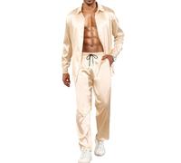 Babioboa Herren Satin Zweiteiliger Lapel Langarm Knopfleise Tops Jogger Hosen Set Tasche Dinner Suit(Champagne,M)