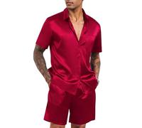 Babioboa Mens Seid Satin 2 Piece Outfit Kurz Lapel Button Tops Hausanzug Trainingsanzug Pajama Set Elegant Partywear(Rot,L)