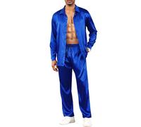 Babioboa Mens Seid Satin 2 Piece Outfit Lang Lapel Button Tops Hausanzug Trainingsanzug Pajama Set Elegant Partywear(Blau,L)
