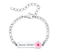 Baby Armband mit Namen Taufarmband Mädchen Junge - Personalisierte Namensarmband mit Gravur Kinderarmband mit Telefonnummer Individuelle Armbänder für Geburt Taufe Geschenke Silber Blume