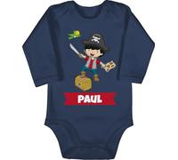 Baby Body Langarm - Pirat - Piratenmotiv Junge | Piratendesign | Piratenbild | Piratenabenteuer | Piratenparty | Piratenkapitän | Piraten Kapitän Junge - 3/6 Monate - Navy Blau - personalisierte