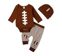 Baby Boy 3 Piece Outfit Football Print Long Sleeve Rompers and Elastic Striped Pants Beanie Hat Set Fall Spring Clothes (Brown, 12-18 Months)